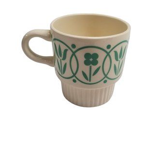 Vintage Coffee Cup Mug Floral Tulip Circle Folk Art USA C Handle Stackable Green